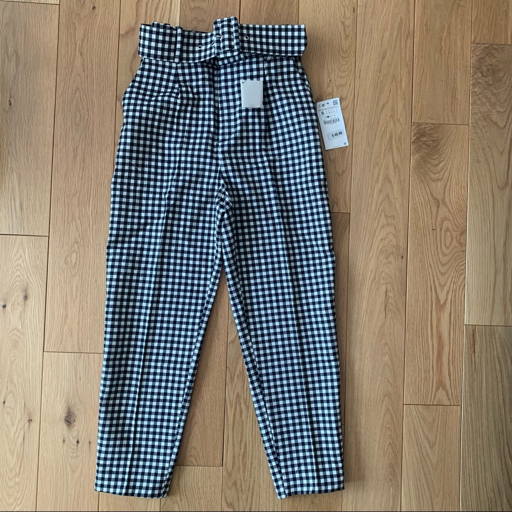 NWT Zara high waisted pants size Small; black/navy cream gingham pattern